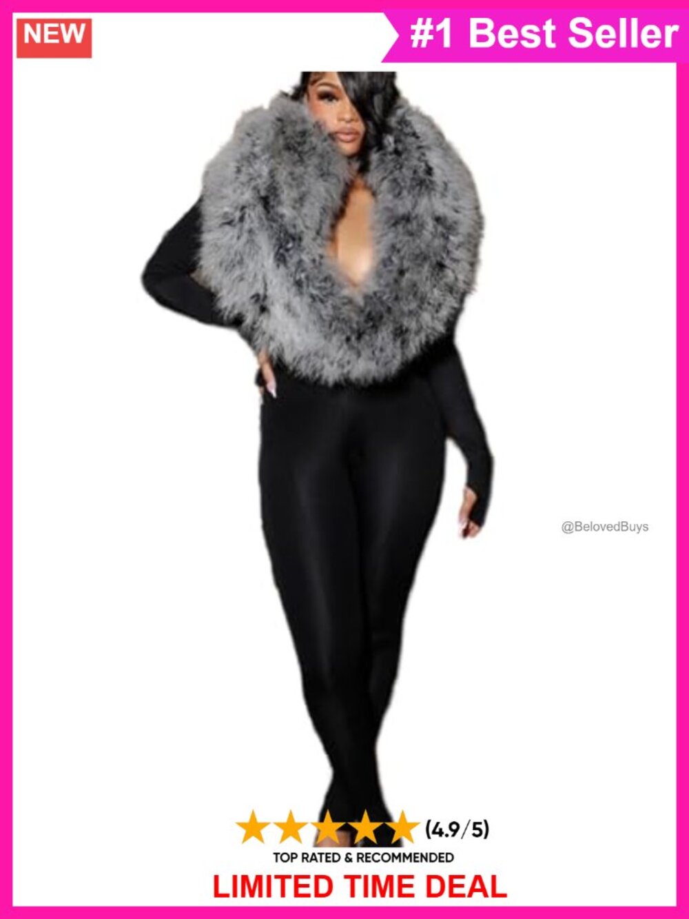 Faux Fur V-Neck Long Sleeve Bodycon Jumpsuit Club Night Out